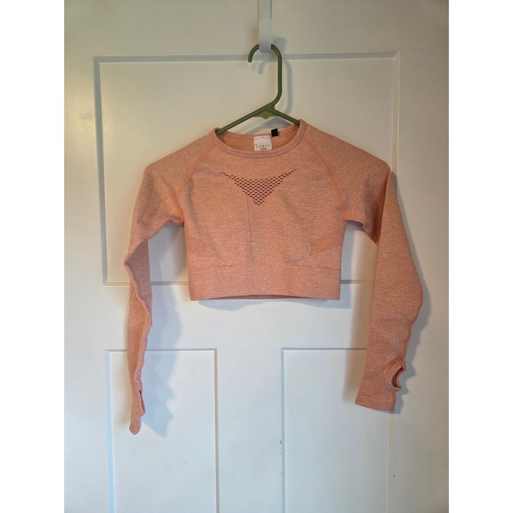 AYBL‎ Motion Seamless Long Sleeve Crop Top Peach Marl XS Open Back Thumbholes